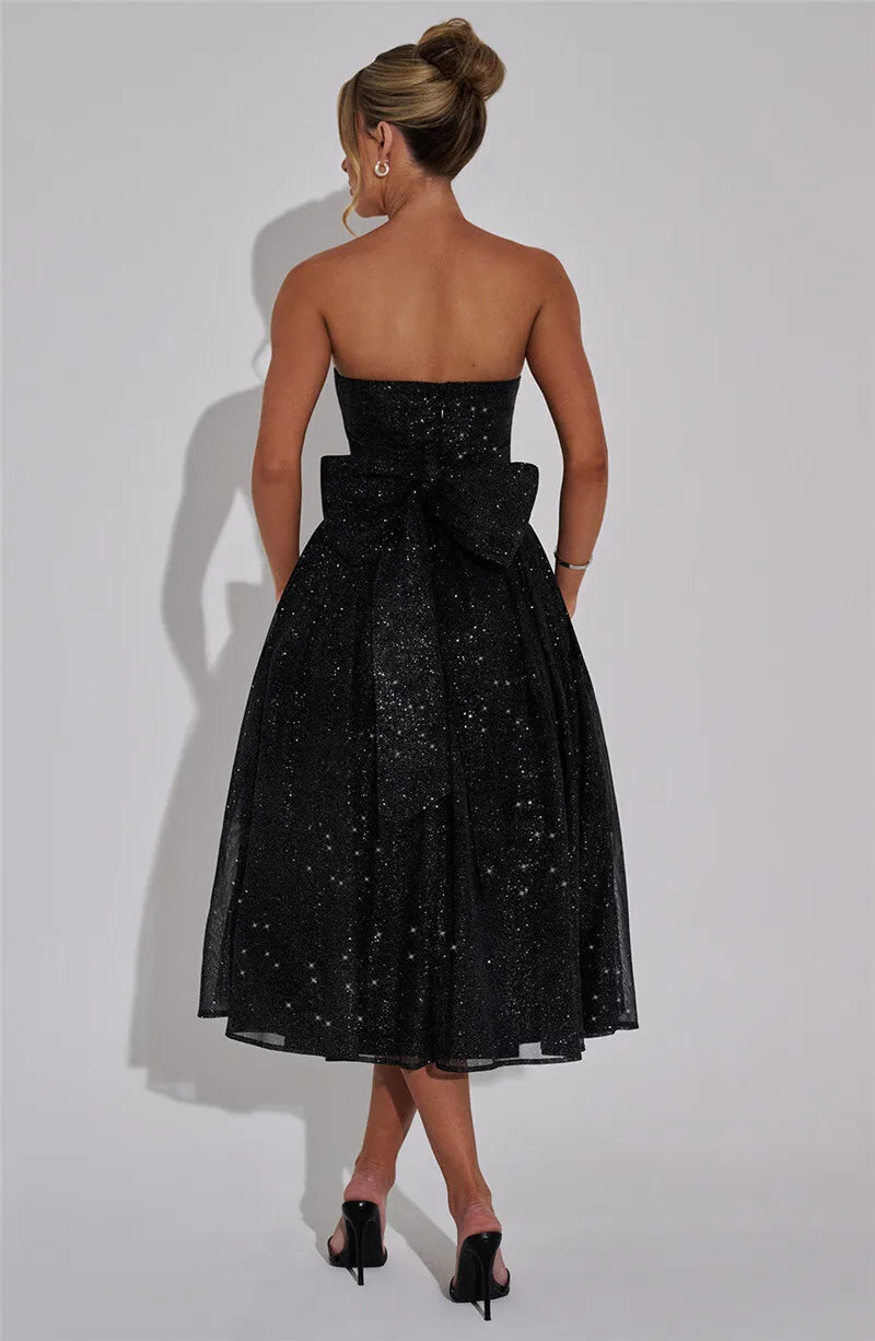 Midi Dresses - Glitter Midi Dress Strapless with Back Bow Charm