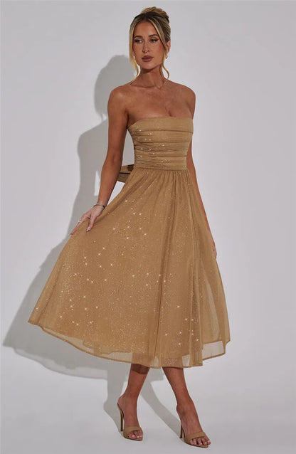 Midi Dresses - Glitter Midi Dress Strapless with Back Bow Charm