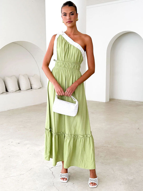 Midi Dresses- Green Boho One-Shoulder Garden Party Dress- - IndioGear Women Clothing