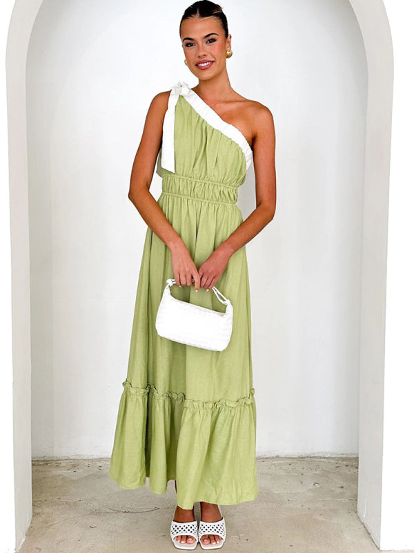 Midi Dresses- Green Boho One-Shoulder Garden Party Dress- - IndioGear Women Clothing