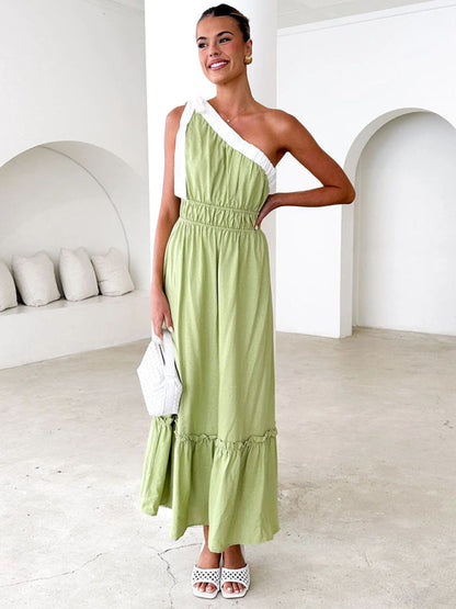 Midi Dresses- Green Boho One-Shoulder Garden Party Dress- - IndioGear Women Clothing