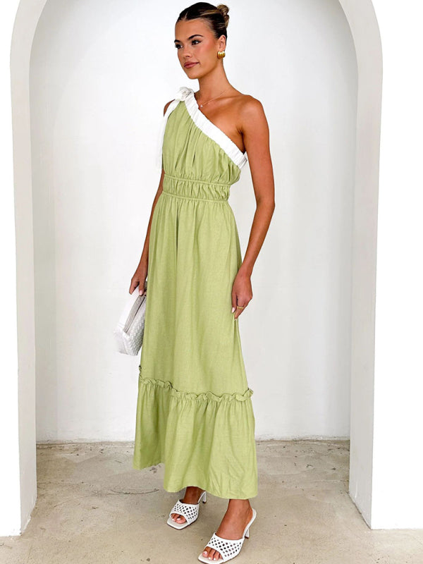 Midi Dresses- Green Boho One-Shoulder Garden Party Dress- - IndioGear Women Clothing