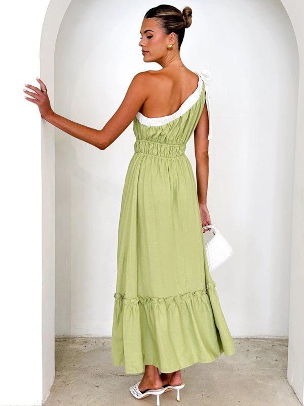 Midi Dresses- Green Boho One-Shoulder Garden Party Dress- - IndioGear Women Clothing