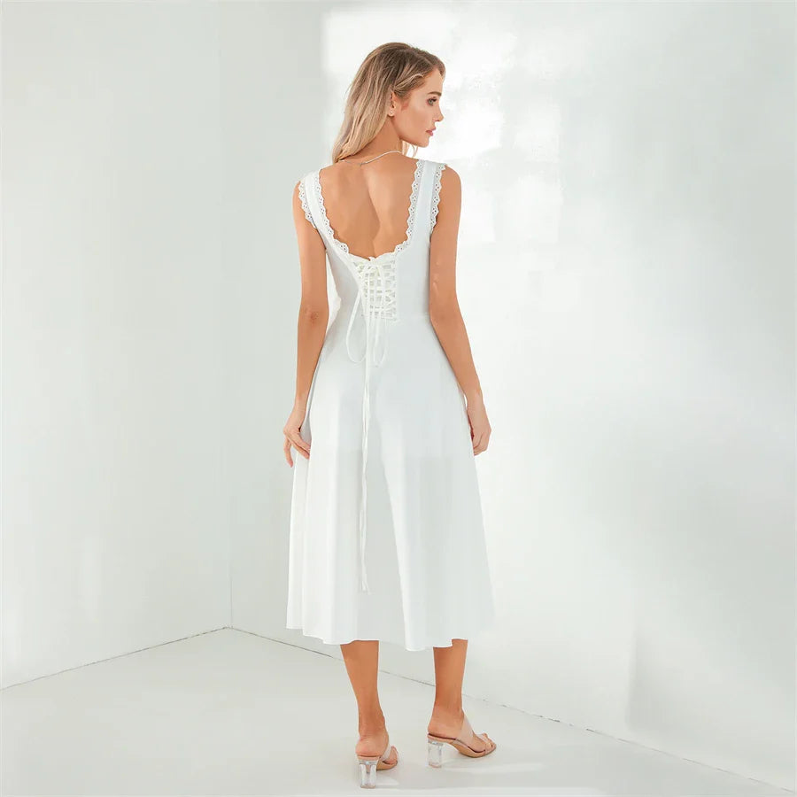 Midi Dresses- Lace-Up Solid A-Line Bustier Tea Dress with Slit Side- - IndioGear.com