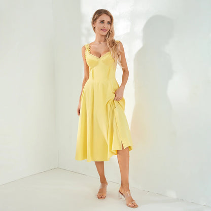 Midi Dresses- Lace-Up Solid A-Line Bustier Tea Dress with Slit Side- Yellow- IndioGear.com