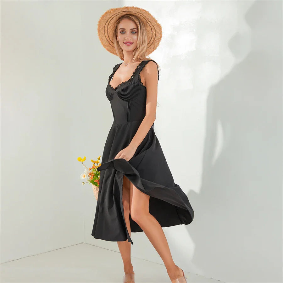 Midi Dresses- Lace-Up Solid A-Line Bustier Tea Dress with Slit Side- - IndioGear.com