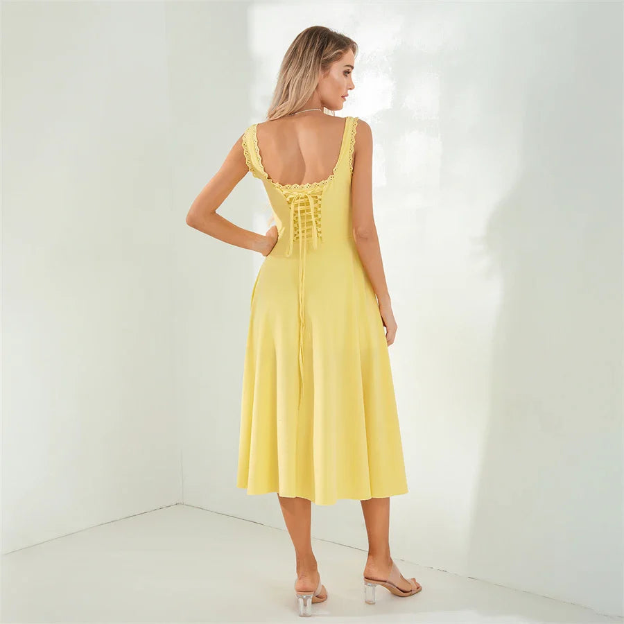 Midi Dresses- Lace-Up Solid A-Line Bustier Tea Dress with Slit Side- - IndioGear.com