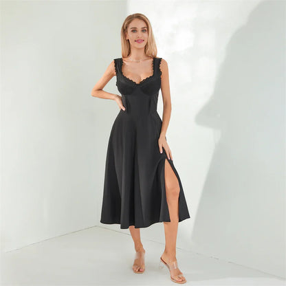 Midi Dresses- Lace-Up Solid A-Line Bustier Tea Dress with Slit Side- - IndioGear.com