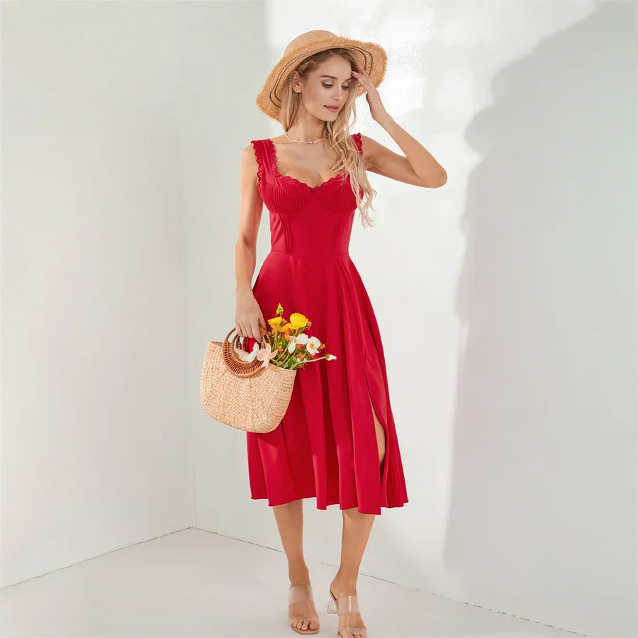 Midi Dresses- Lace-Up Solid A-Line Bustier Tea Dress with Slit Side- - IndioGear.com