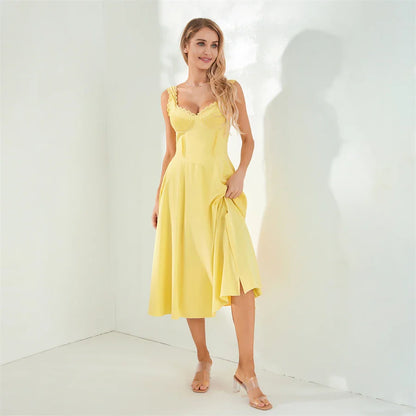 Midi Dresses- Lace-Up Solid A-Line Bustier Tea Dress with Slit Side- - IndioGear.com