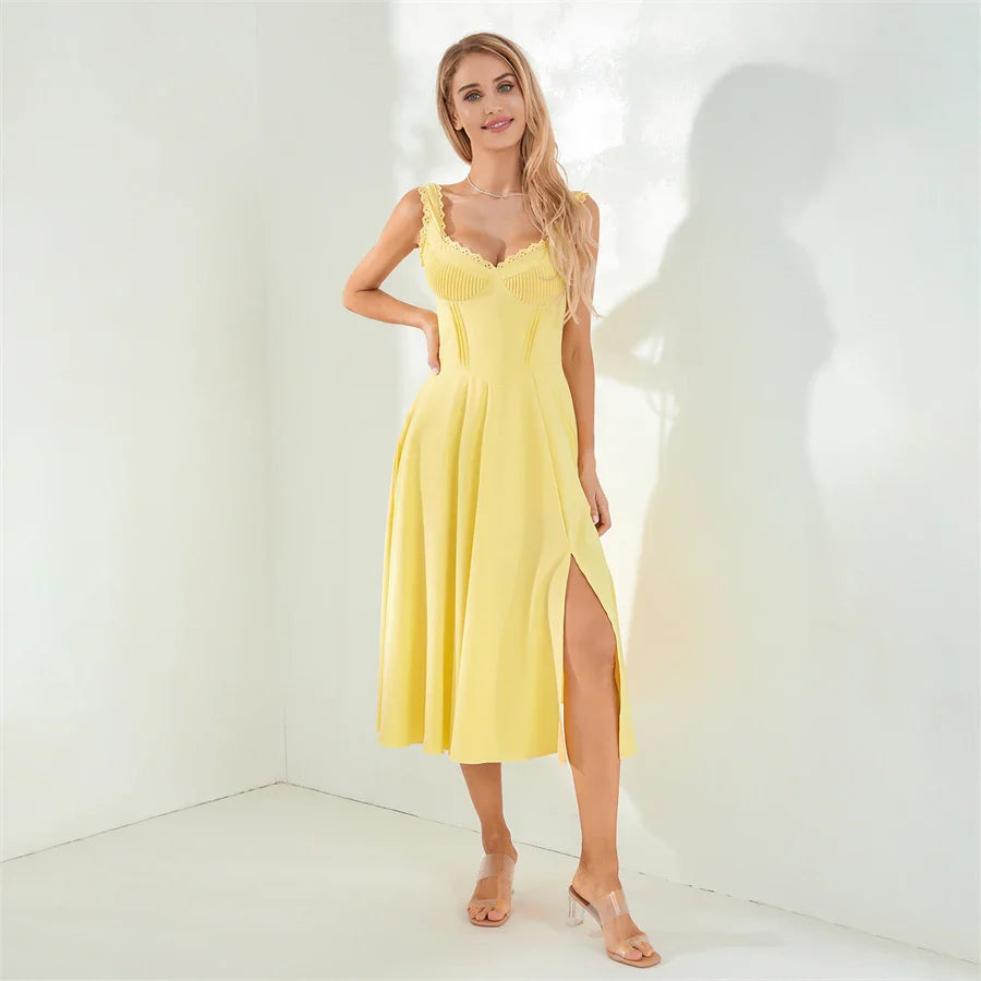 Midi Dresses- Lace-Up Solid A-Line Bustier Tea Dress with Slit Side- - IndioGear.com