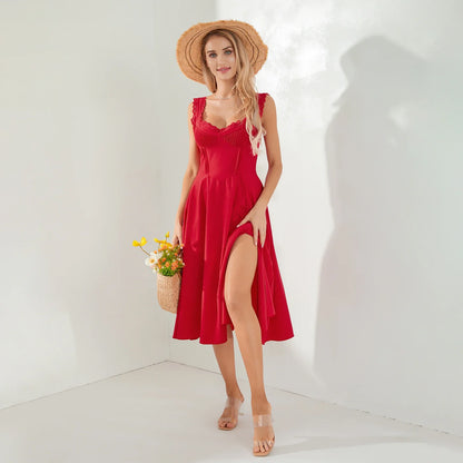 Midi Dresses- Lace-Up Solid A-Line Bustier Tea Dress with Slit Side- - IndioGear.com