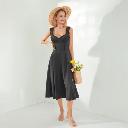 Midi Dresses- Lace-Up Solid A-Line Bustier Tea Dress with Slit Side- - IndioGear.com