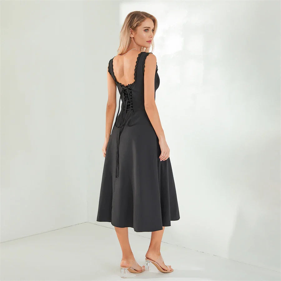 Midi Dresses- Lace-Up Solid A-Line Bustier Tea Dress with Slit Side- - IndioGear.com