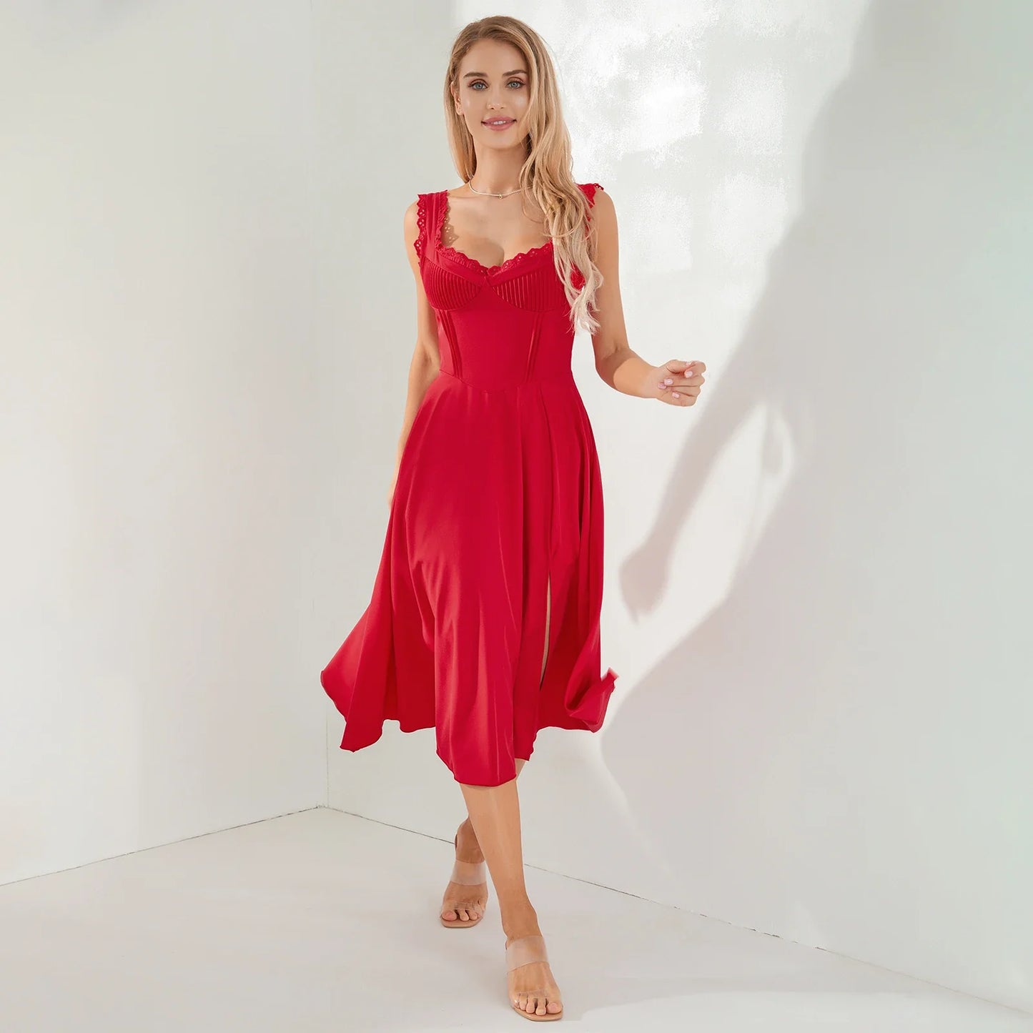 Midi Dresses- Lace-Up Solid A-Line Bustier Tea Dress with Slit Side- Red- IndioGear.com