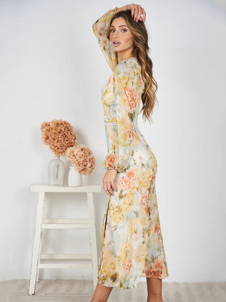 Midi Dresses- Pastel Floral Print Midi Dress with Embellished Trim- - IndioGear.com