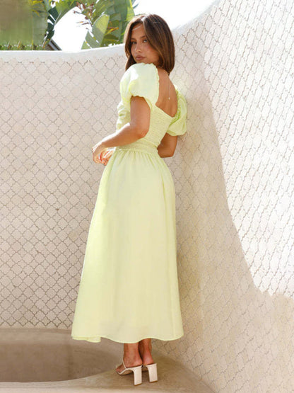 Midi Dresses- Pastel Yellow Midi Dress for Summer Weddings- - IndioGear Women Clothing