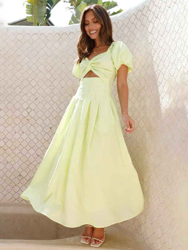 Midi Dresses- Pastel Yellow Midi Dress for Summer Weddings- - IndioGear Women Clothing