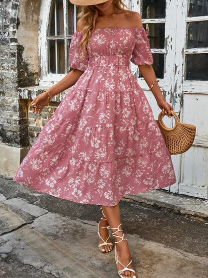 Midi Dresses- Pink Floral Whisper Ruffle Midi Dress- - IndioGear.com