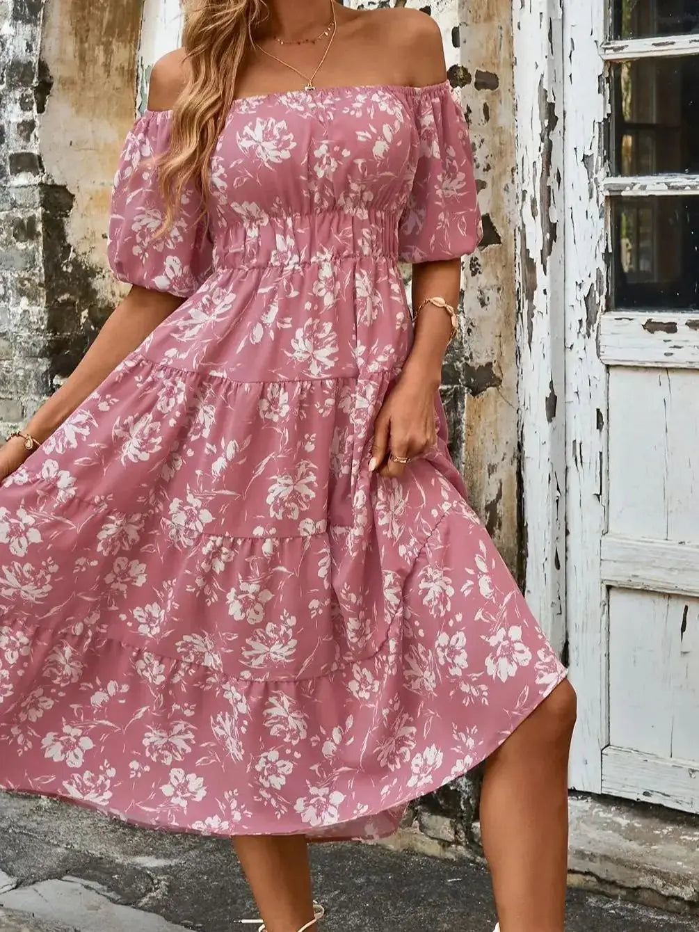 Midi Dresses- Pink Floral Whisper Ruffle Midi Dress- Pink- IndioGear.com