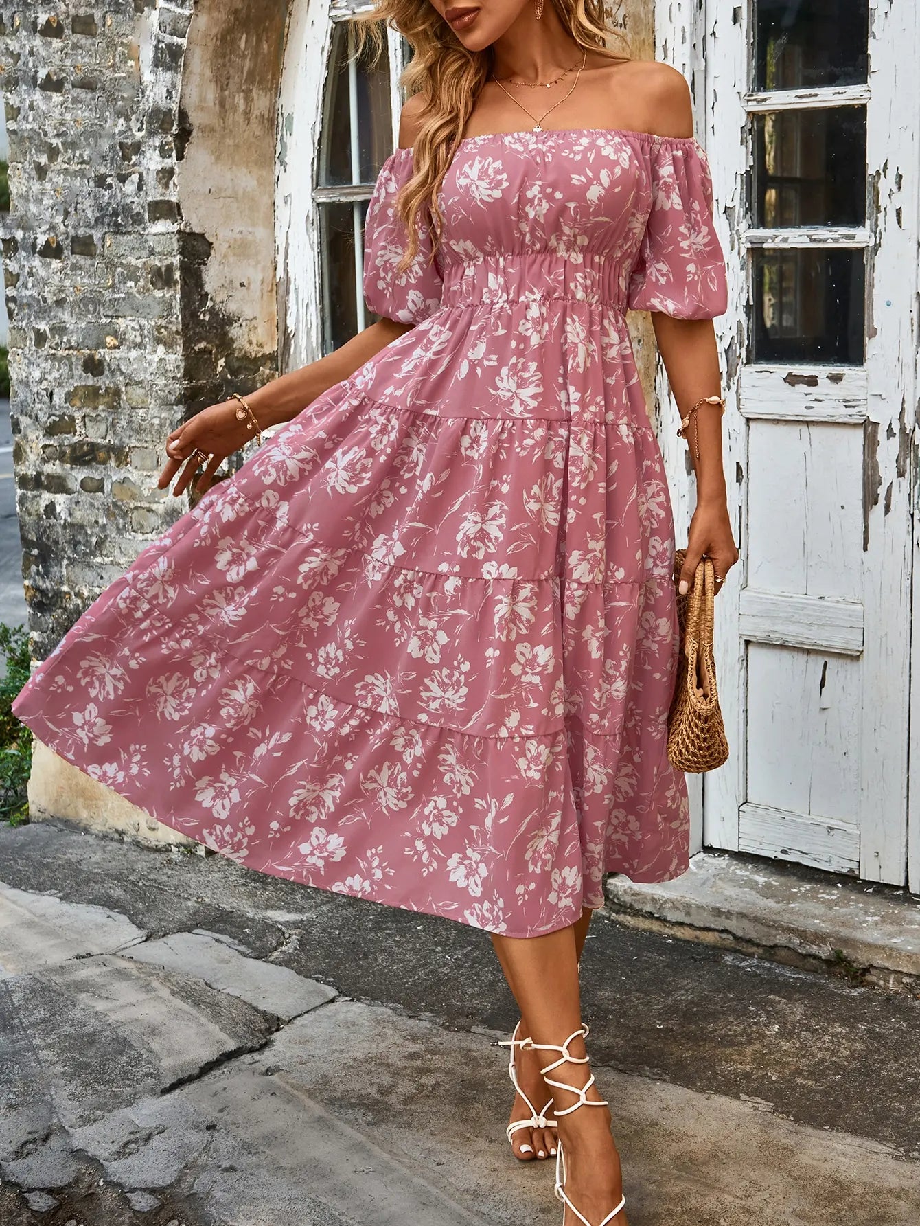 Midi Dresses- Pink Floral Whisper Ruffle Midi Dress- - IndioGear.com