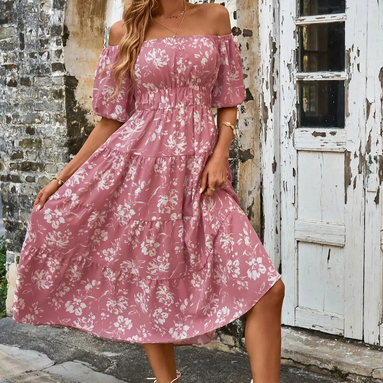 Midi Dresses- Pink Floral Whisper Ruffle Midi Dress- - IndioGear.com