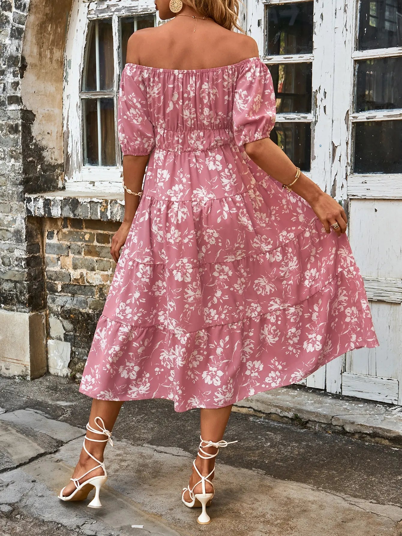 Midi Dresses- Pink Floral Whisper Ruffle Midi Dress- - IndioGear.com