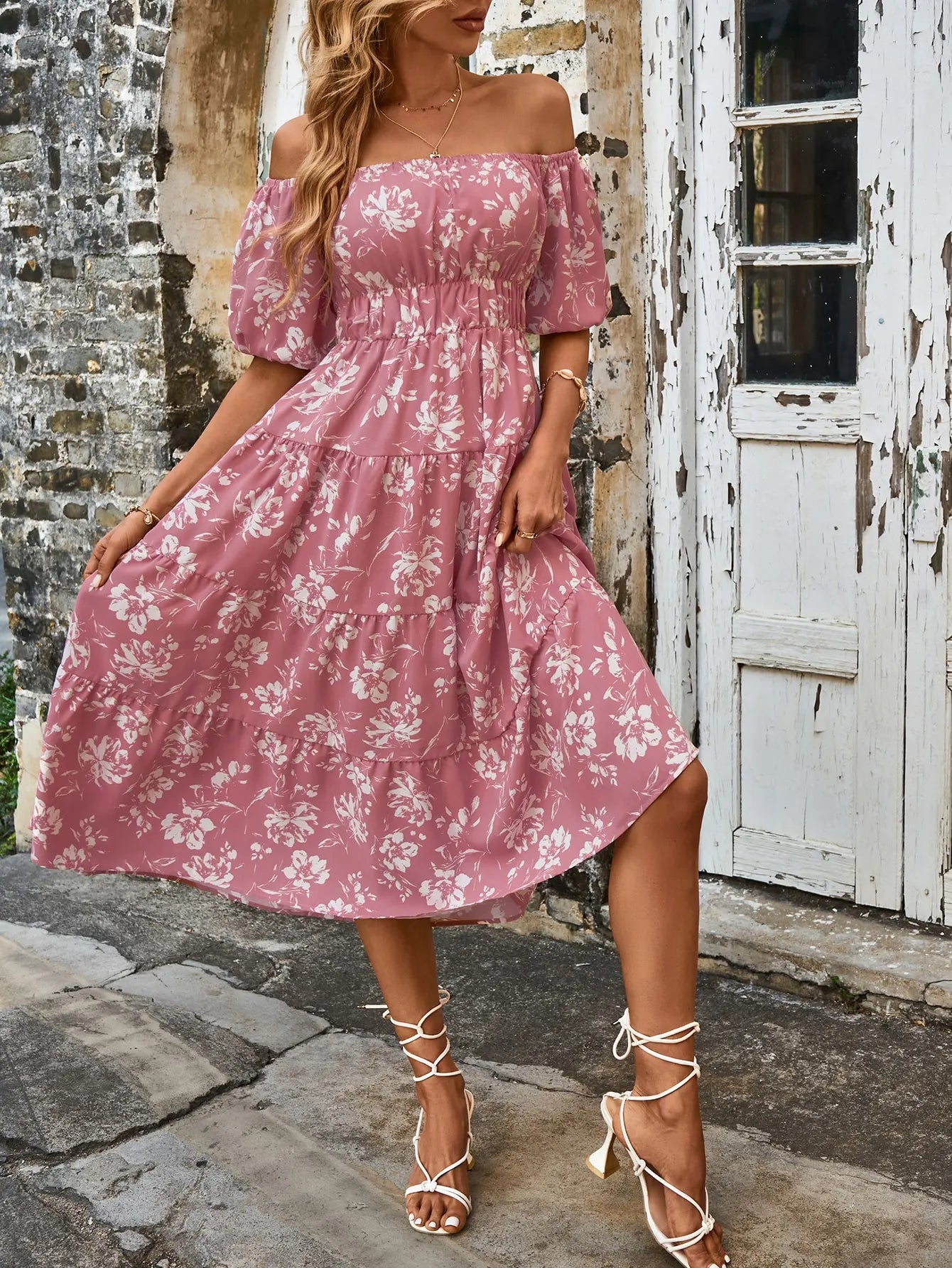 Midi Dresses- Pink Floral Whisper Ruffle Midi Dress- - IndioGear.com