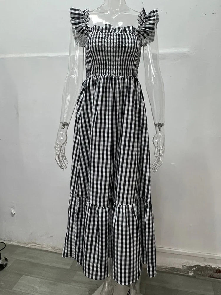 Midi Dresses- Plaid Square Neck Gingham Midi Dress- Black- IndioGear.com