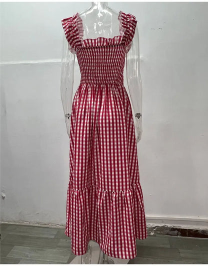 Midi Dresses- Plaid Square Neck Gingham Midi Dress- - IndioGear.com