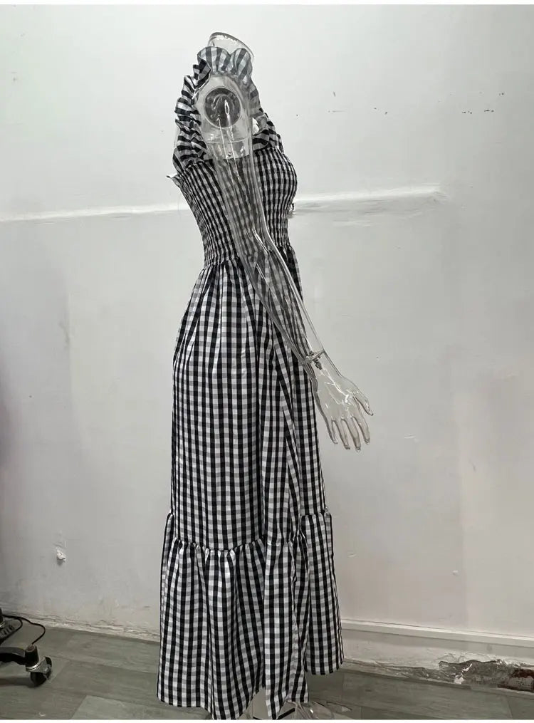 Midi Dresses- Plaid Square Neck Gingham Midi Dress- - IndioGear.com