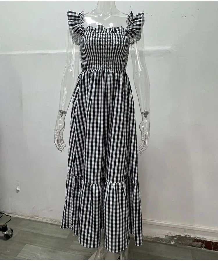 Midi Dresses- Plaid Square Neck Gingham Midi Dress- - IndioGear.com