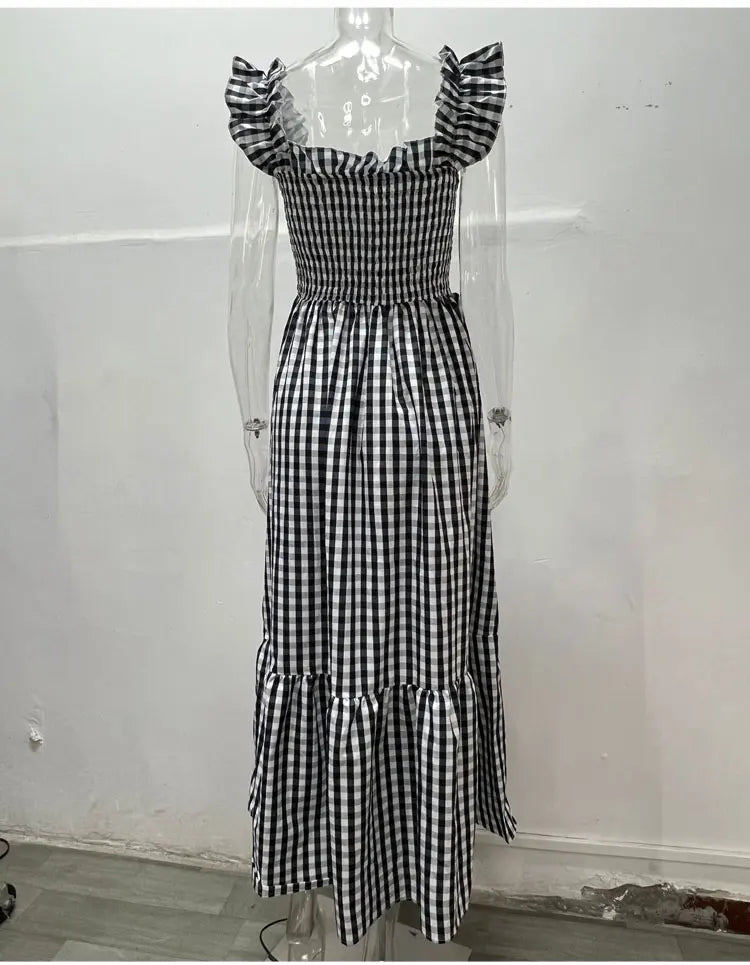 Midi Dresses- Plaid Square Neck Gingham Midi Dress- - IndioGear.com