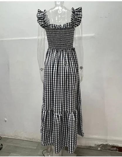 Midi Dresses- Plaid Square Neck Gingham Midi Dress- - IndioGear.com