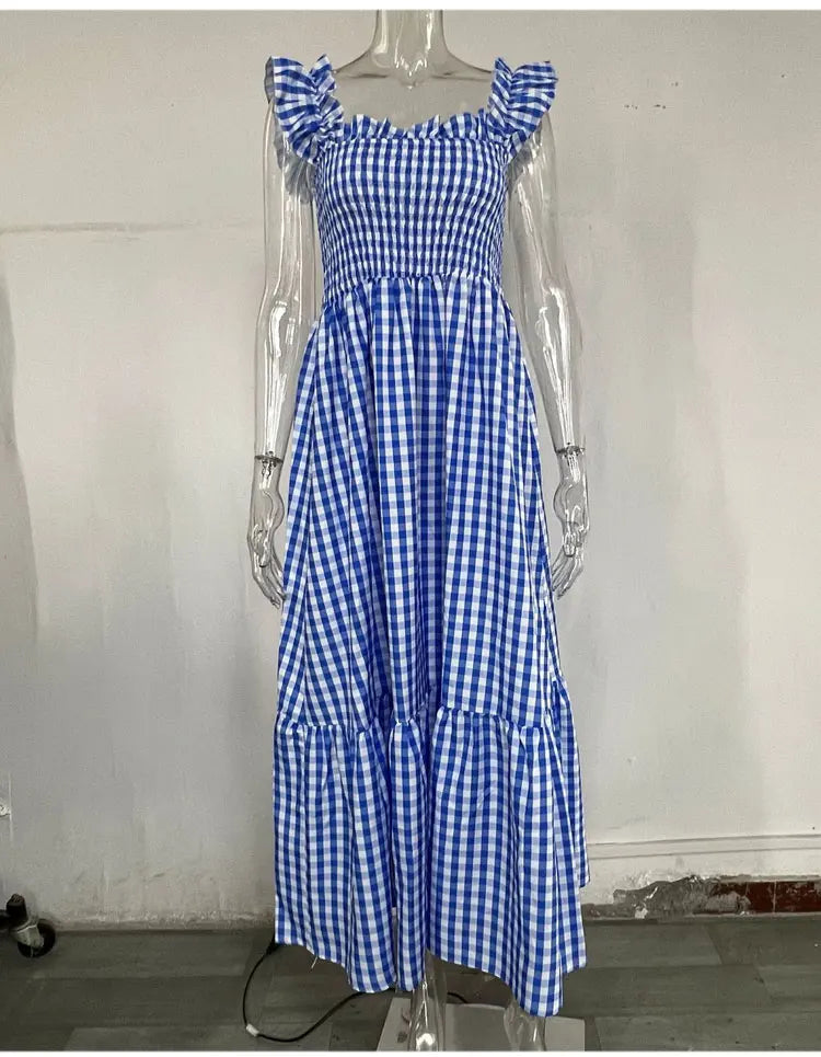 Midi Dresses- Plaid Square Neck Gingham Midi Dress- - IndioGear.com