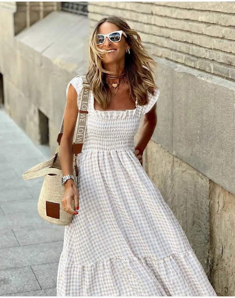 Midi Dresses- Plaid Square Neck Gingham Midi Dress- - IndioGear.com