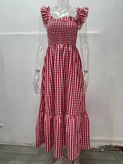 Midi Dresses- Plaid Square Neck Gingham Midi Dress- Red- IndioGear.com