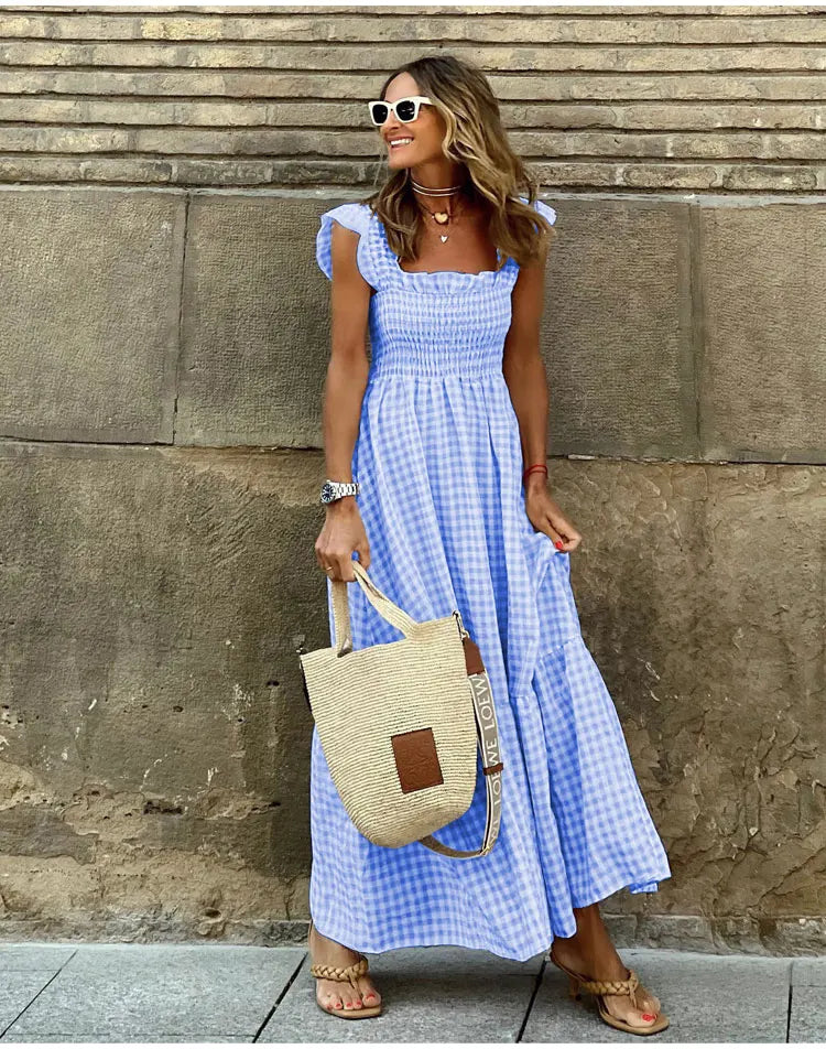 Midi Dresses- Plaid Square Neck Gingham Midi Dress- - IndioGear.com