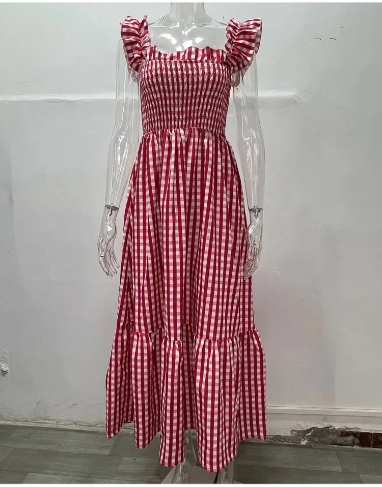 Midi Dresses- Plaid Square Neck Gingham Midi Dress- - IndioGear.com