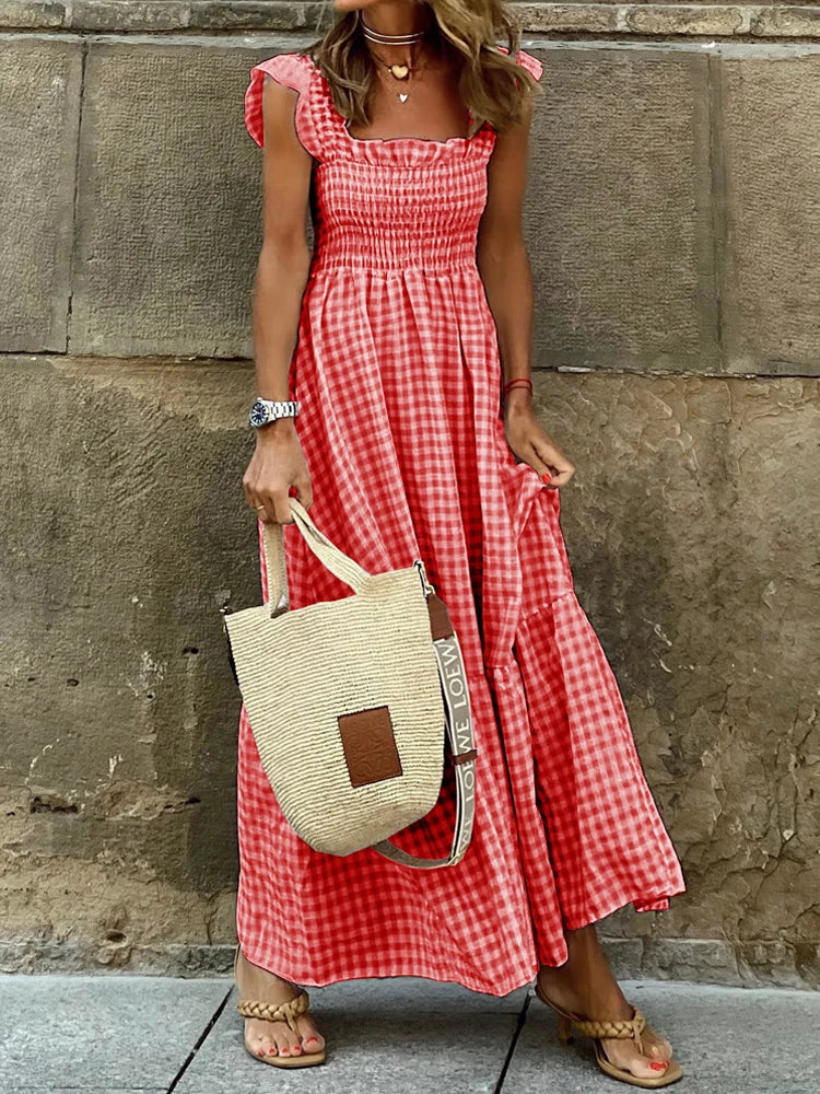 Midi Dresses- Plaid Square Neck Gingham Midi Dress- - IndioGear.com