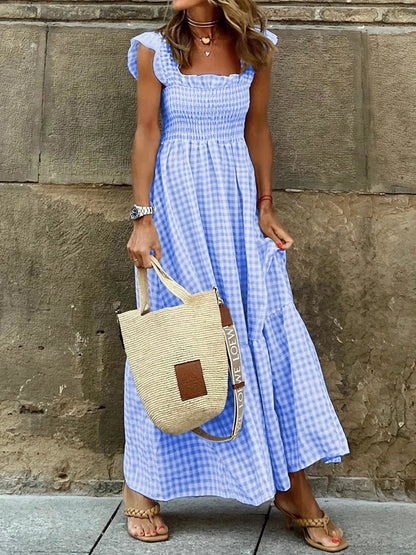 Midi Dresses- Plaid Square Neck Gingham Midi Dress- - IndioGear.com