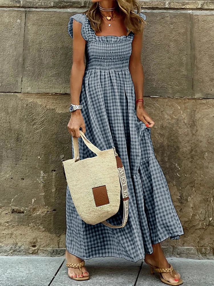 Midi Dresses- Plaid Square Neck Gingham Midi Dress- - IndioGear.com