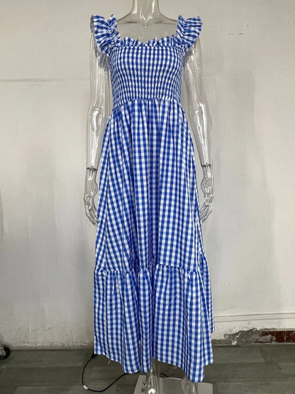 Midi Dresses- Plaid Square Neck Gingham Midi Dress- Blue- IndioGear.com