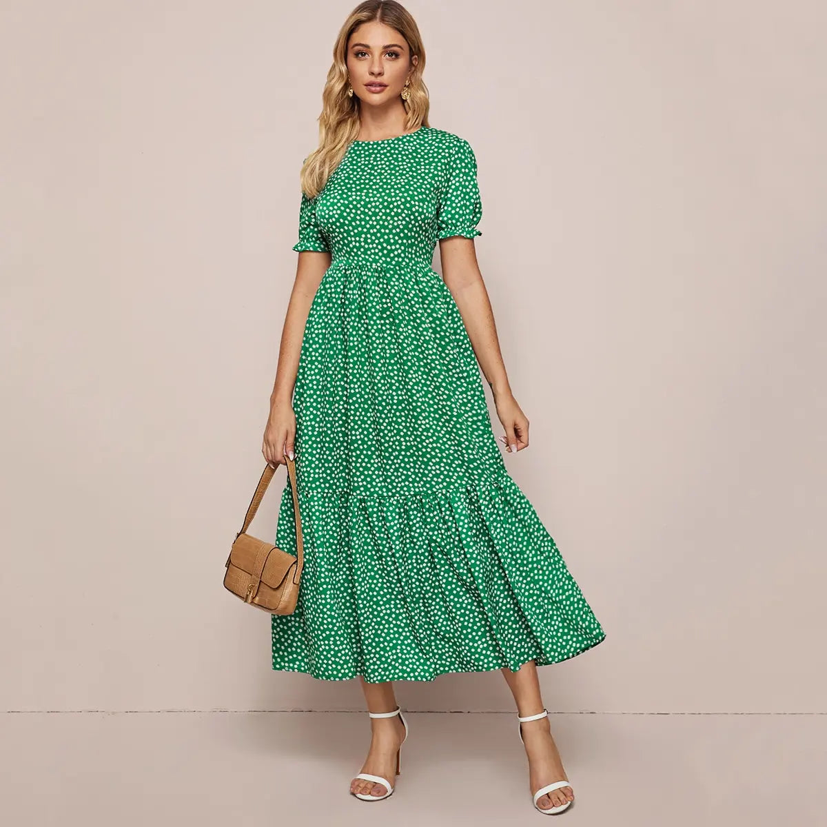 Midi Dresses- Polka Dot Must-Have Green Midi Dress for Women- - IndioGear.com