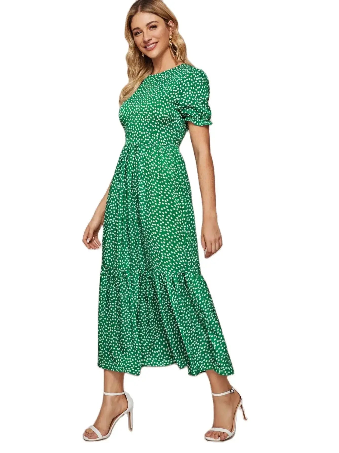 Midi Dresses- Polka Dot Must-Have Green Midi Dress for Women- Green- IndioGear.com