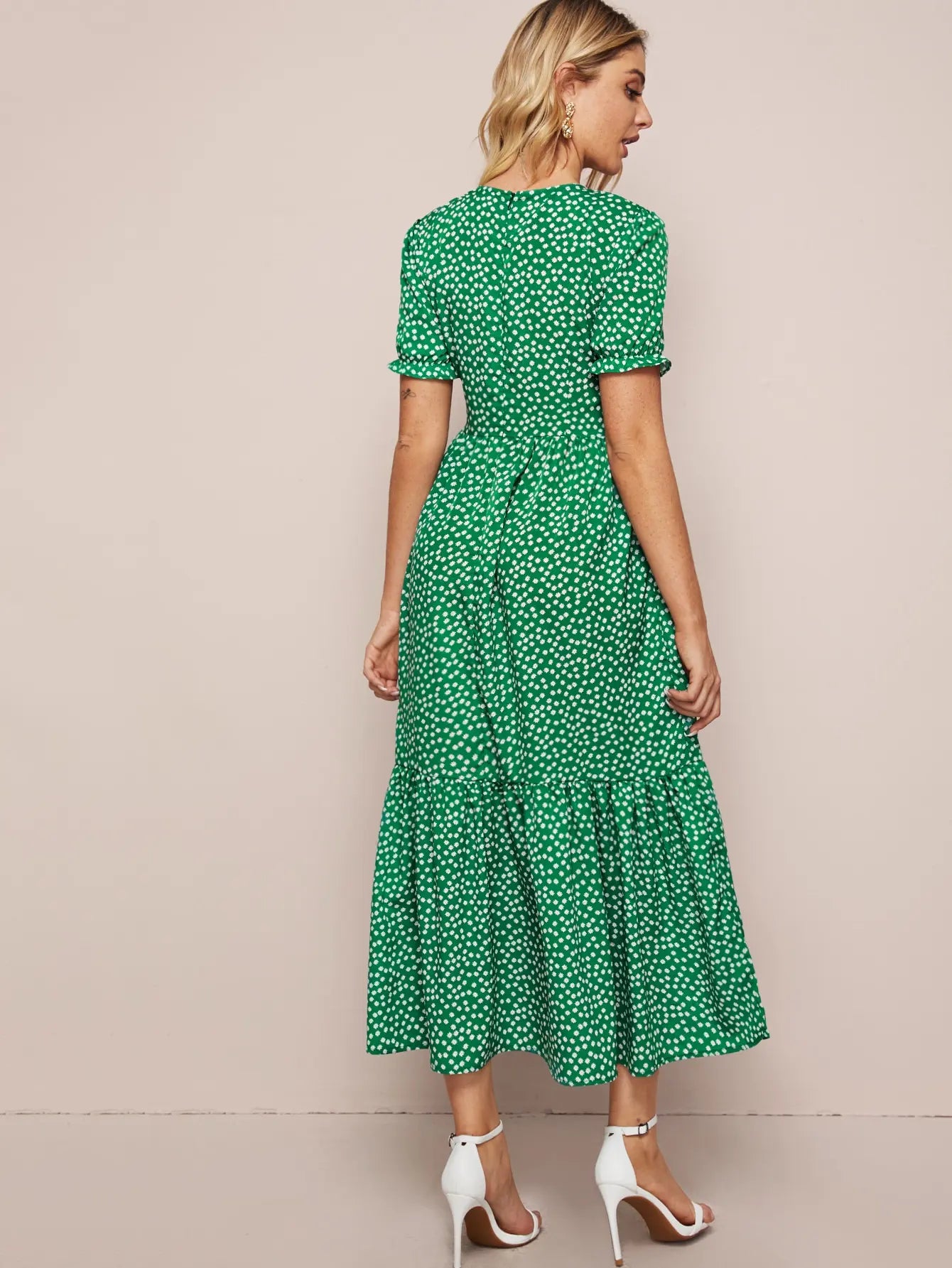 Midi Dresses- Polka Dot Must-Have Green Midi Dress for Women- - IndioGear.com