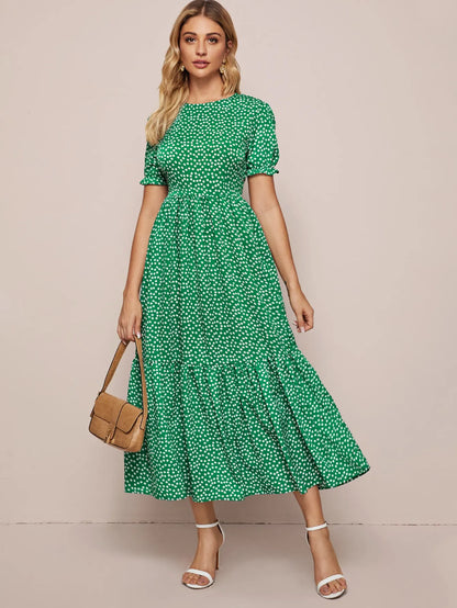 Midi Dresses- Polka Dot Must-Have Green Midi Dress for Women- - IndioGear.com