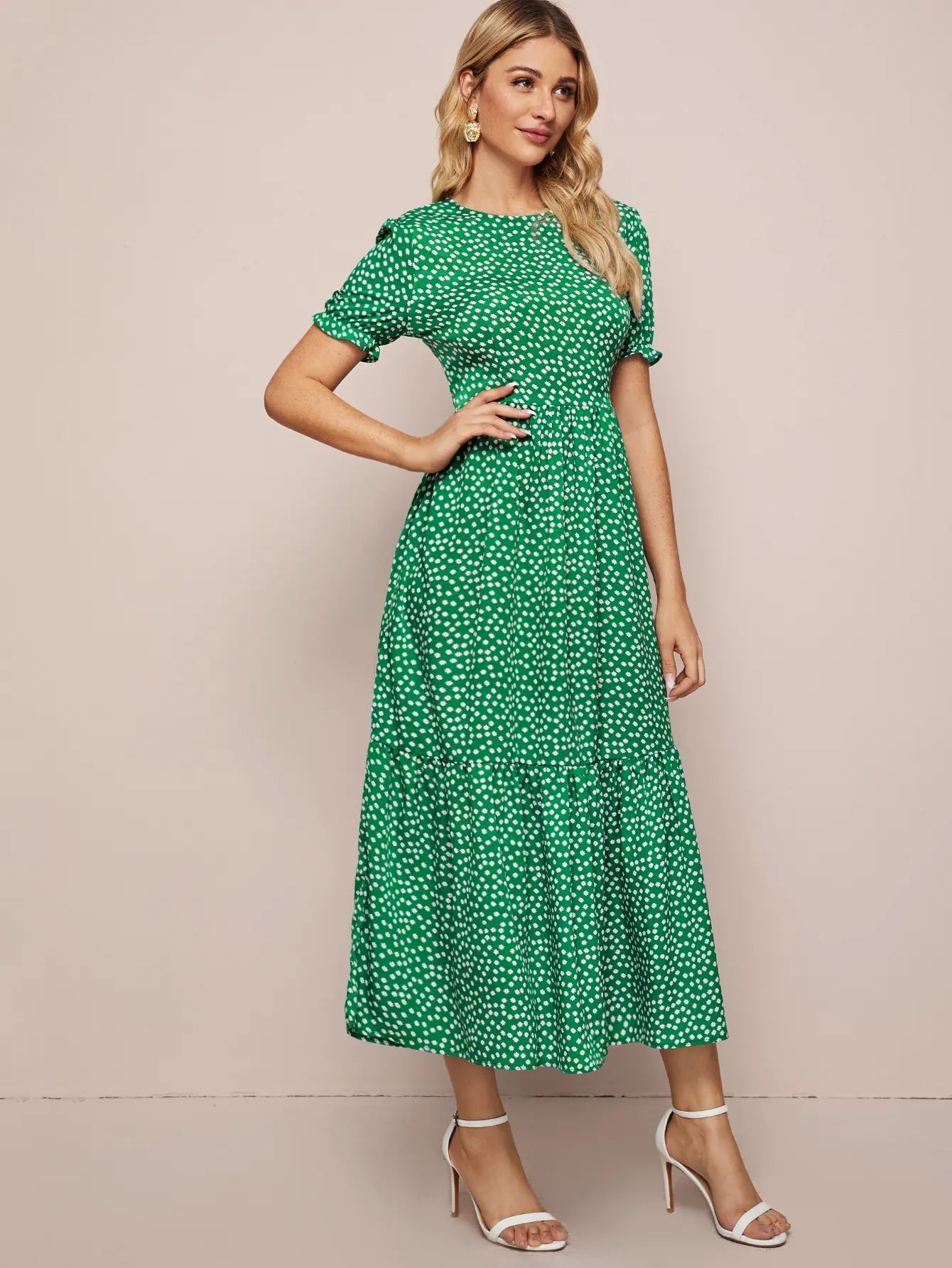 Midi Dresses- Polka Dot Must-Have Green Midi Dress for Women- - IndioGear.com