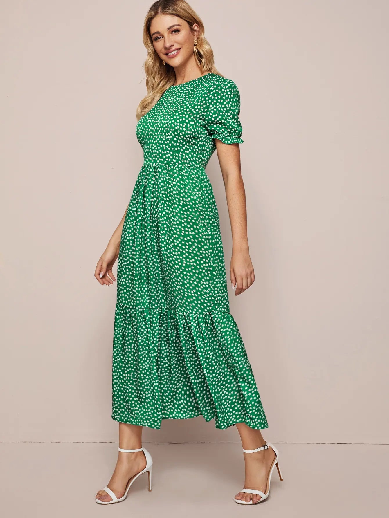 Midi Dresses- Polka Dot Must-Have Green Midi Dress for Women- - IndioGear.com