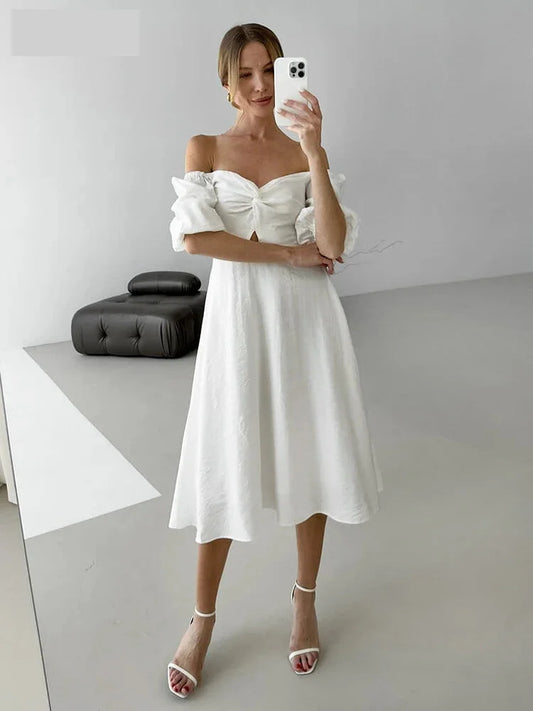 Midi Dresses- Puff Sleeve Off Shoulder Midi Dress on Textured Fabric- White- IndioGear.com